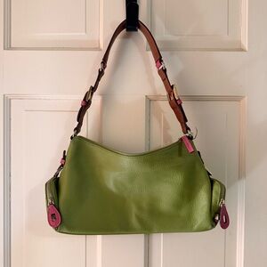Vintage Liz Claiborne Green Leather Shoulder Bag with Pink Accents